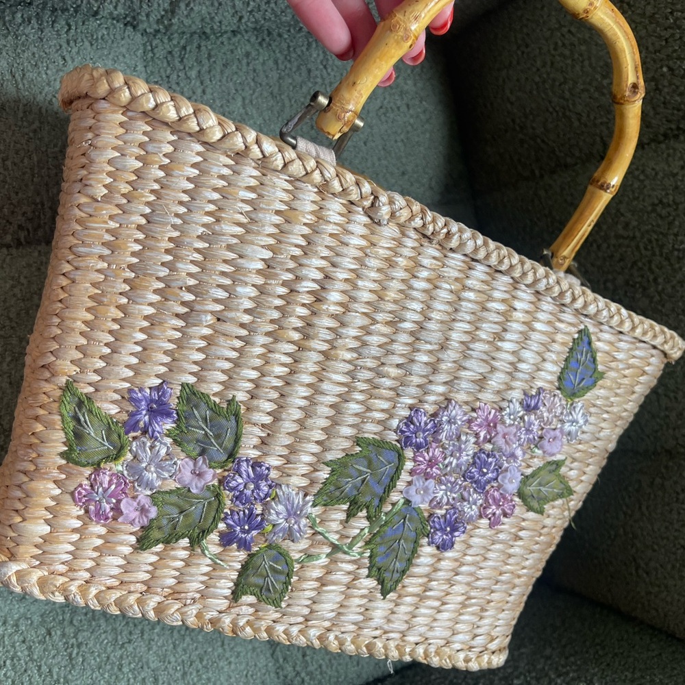 Vintage Capelli Floral Embroidered Straw Bag with Bamboo Handle